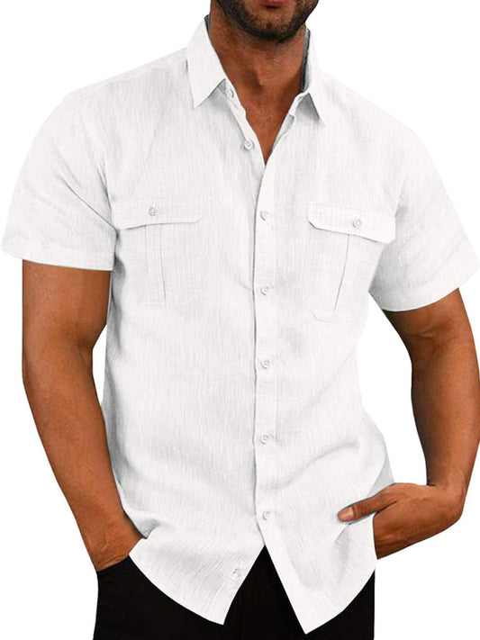 Men's Shirt Double Pocket Cotton Linen Short Sleeve Shirt Casual Vacation Shirt - Free Shipping - Aurelia Clothing
