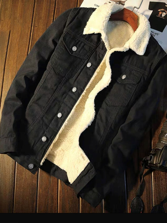 Men's warm sherpa button lapel denim jacket- Free Shipping - Aurelia Clothing