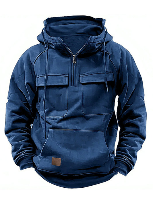 Men's hooded solid color sports multi-pocket leather sweatshirt jacket - Free Shipping - Aurelia Clothing