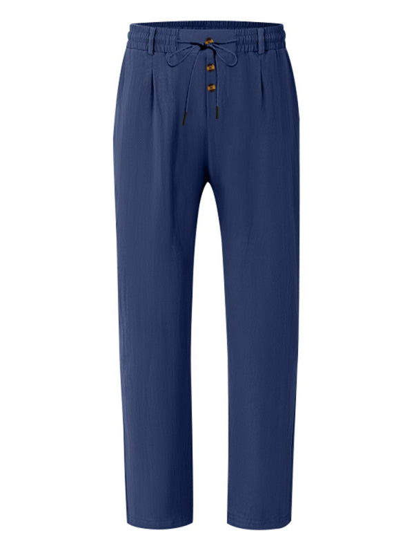 Men's navy blue breathable linen loose casual trousers - Free Shipping