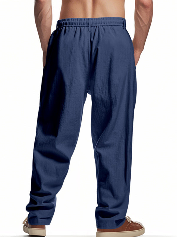 Men's navy blue breathable linen loose casual trousers - Free Shipping
