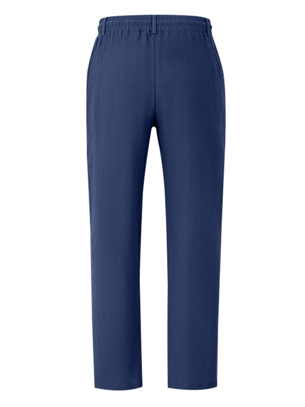 Men's navy blue breathable linen loose casual trousers - Free Shipping