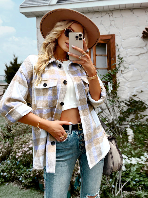 Plaid long sleeve shirt casual coat-Free Shipping