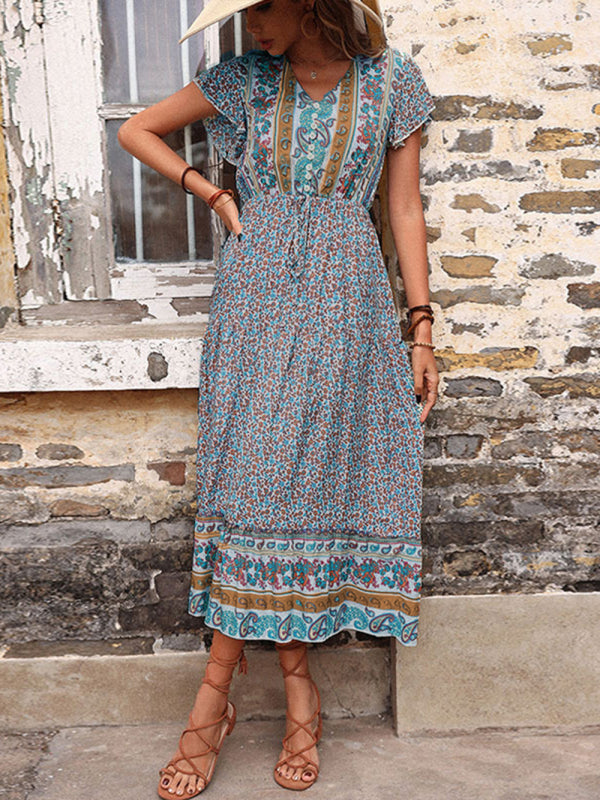 women's summer retro print green slimming dress - Free Shipping - Aurelia Clothing