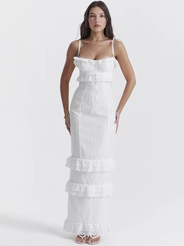 Women's new sexy dress white hook-and-loop suspender long skirt slim French dress - Free Shipping - Aurelia Clothing