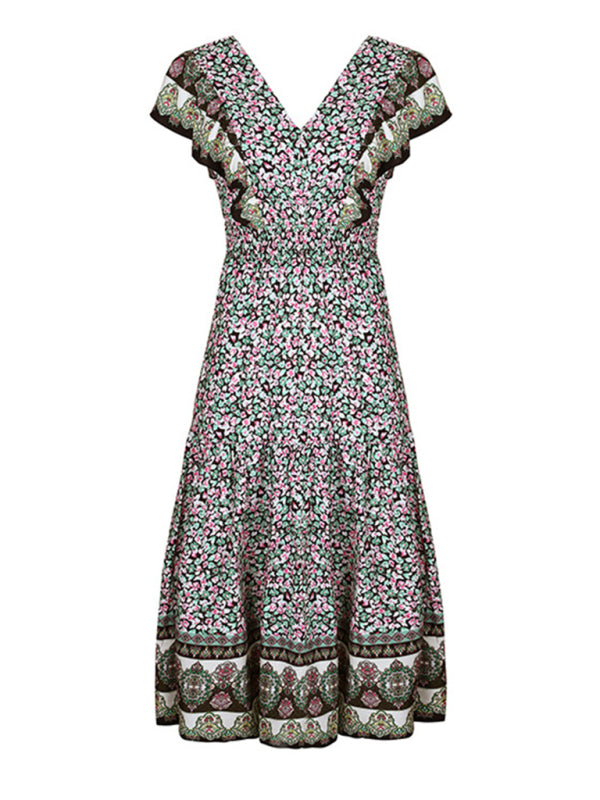 Women's ruffled v-neck temperament printed dress - Free Shipping - Aurelia Clothing