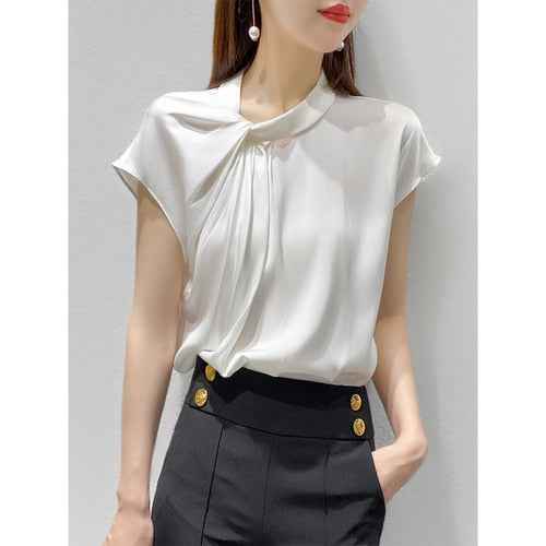 white short-sleeved heavy silk shirt women 2021 Amoi chic design niche silk top blusones de mujer fashion Silk - Aurelia Clothing