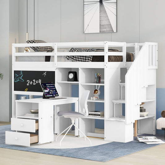 Twin Size Loft Bed with Pullable Desk and Storage Shelves,Staircase and Blackboard,White - Free Shipping - Aurelia Clothing