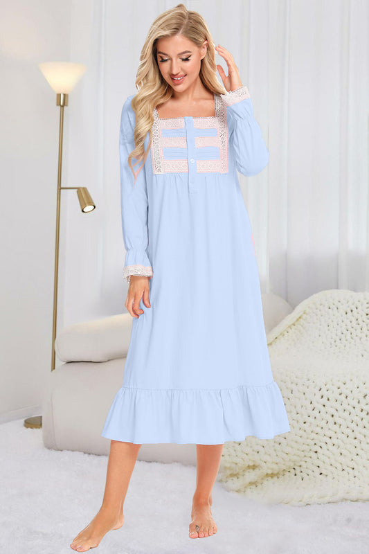 Lace Detail Square Neck Flounce Sleeve Night Dress - Aurelia Clothing