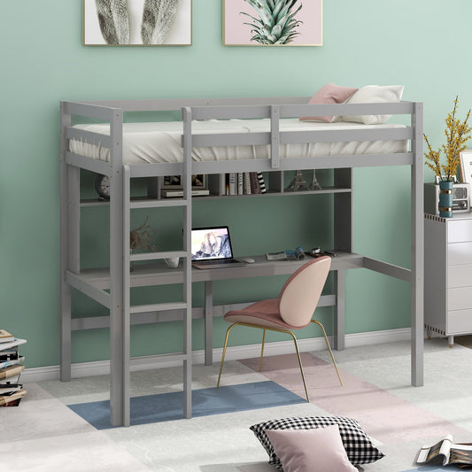 Twin Size Loft Bed with Convenient Desk, Shelves, and Ladder, White(Similar SKU:SM001302AAE) - Free Shiping - Aurelia Clothing