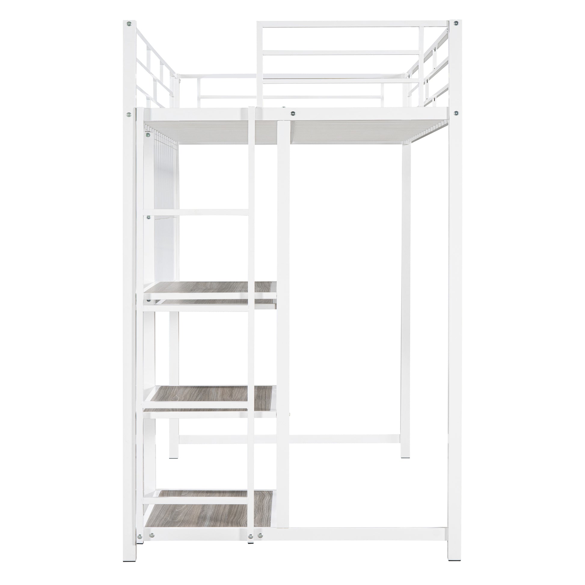 Twin Size Loft Bed with Desk and Whiteboard, Metal Loft Bed with 3 Shelves and Ladder, White - Free Shipping - Aurelia Clothing