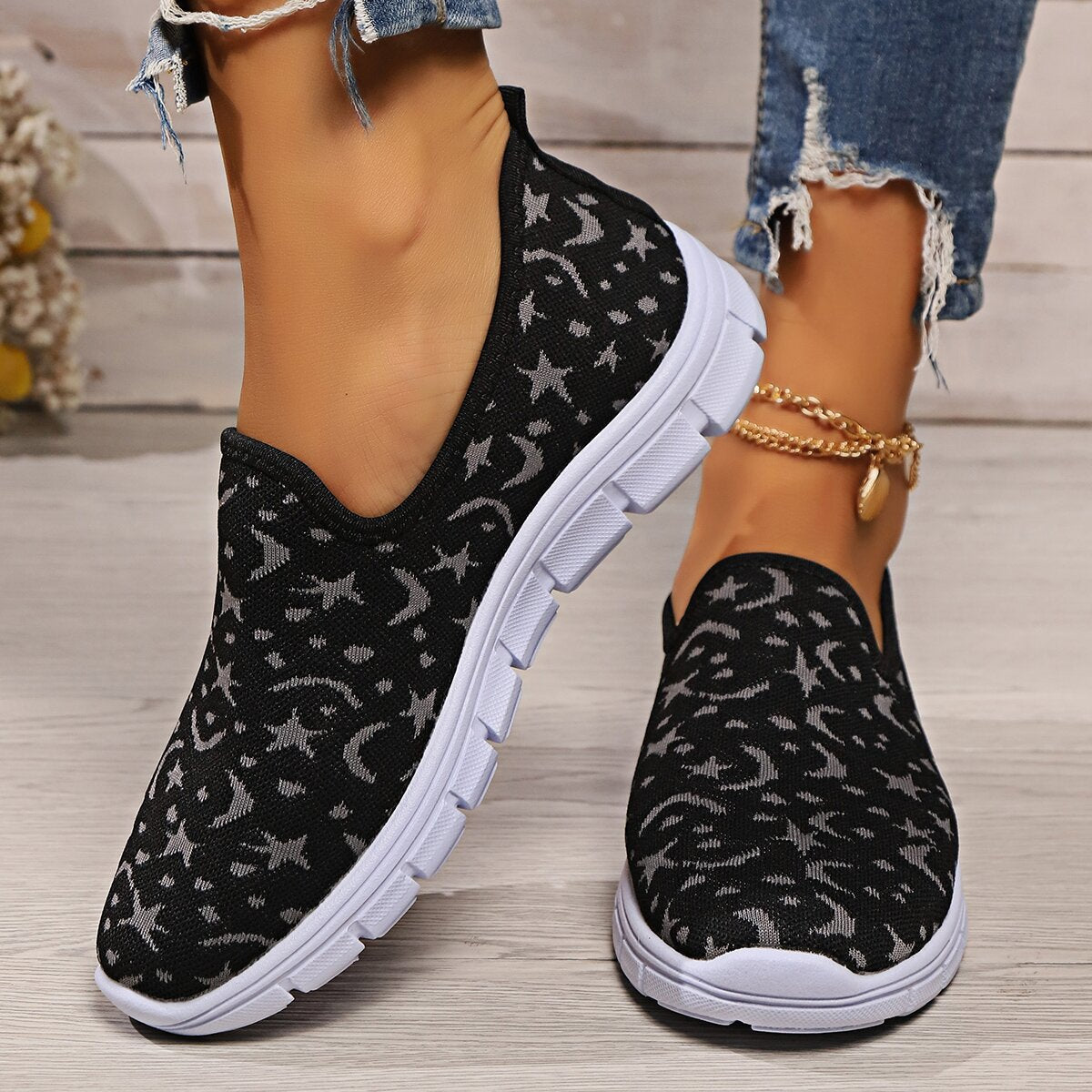 Star & Moon Pattern Flat Loafers - Aurelia Clothing