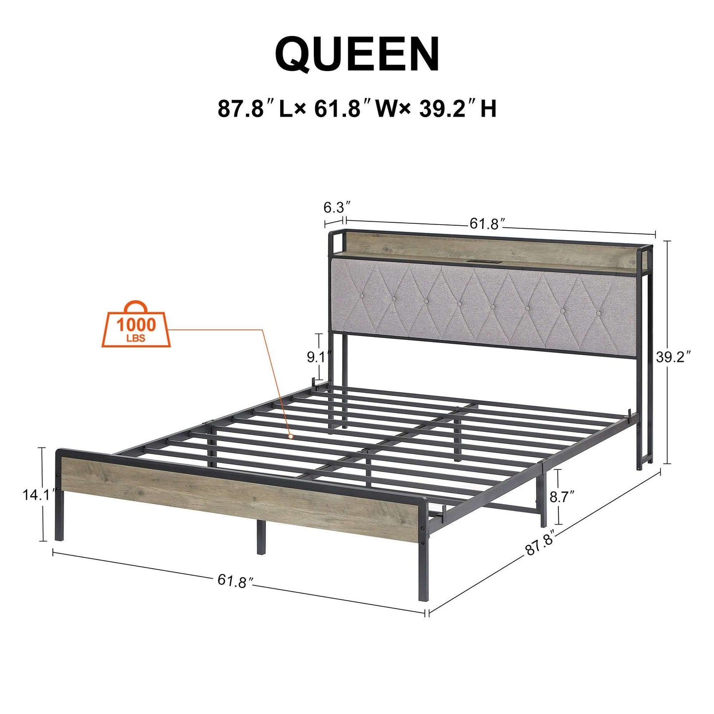 Bed frame with charging station Queen size,Grey, 87.8'' L x 61.8'' W x 39.2'' H. - Free Shipping - Aurelia Clothing
