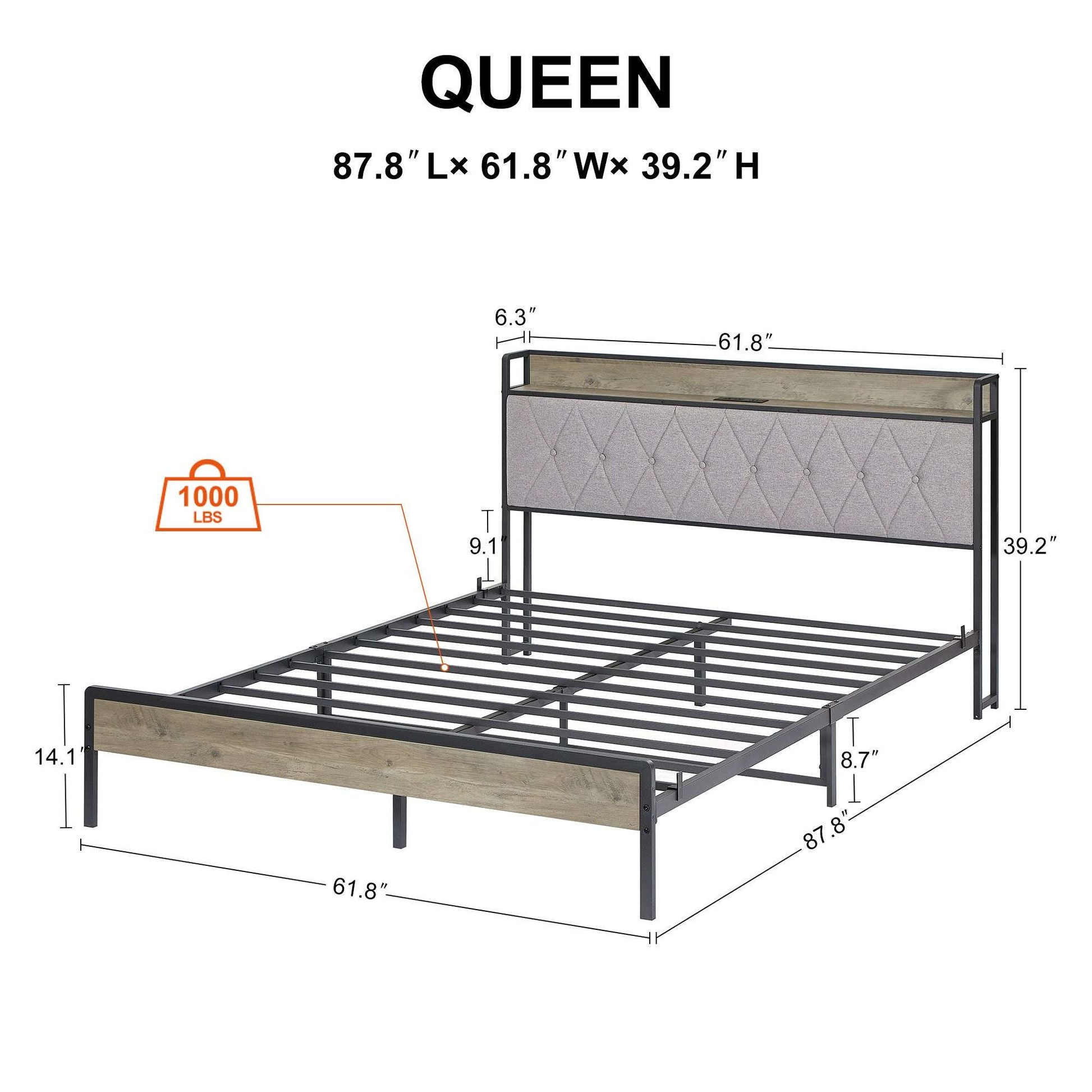 Bed frame with charging station Queen size,Grey, 87.8'' L x 61.8'' W x 39.2'' H. - Free Shipping - Aurelia Clothing