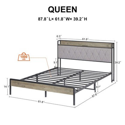 Bed frame with charging station Queen size,Grey, 87.8'' L x 61.8'' W x 39.2'' H. - Free Shipping - Aurelia Clothing