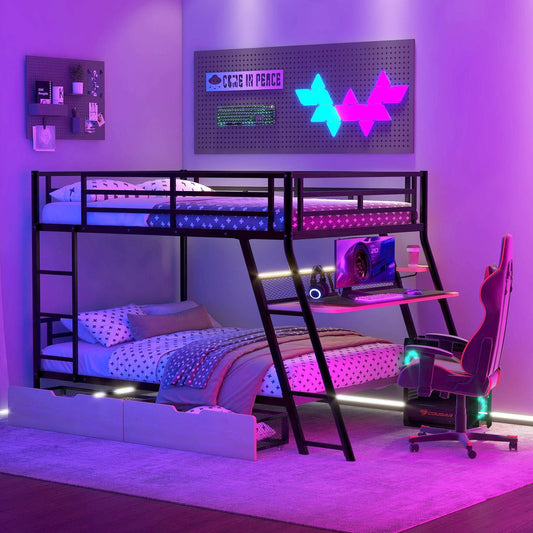 Full Size Metal Bunk Bed with Built-in Desk, Light and 2 Drawers, Black - Free Shipping - Aurelia Clothing