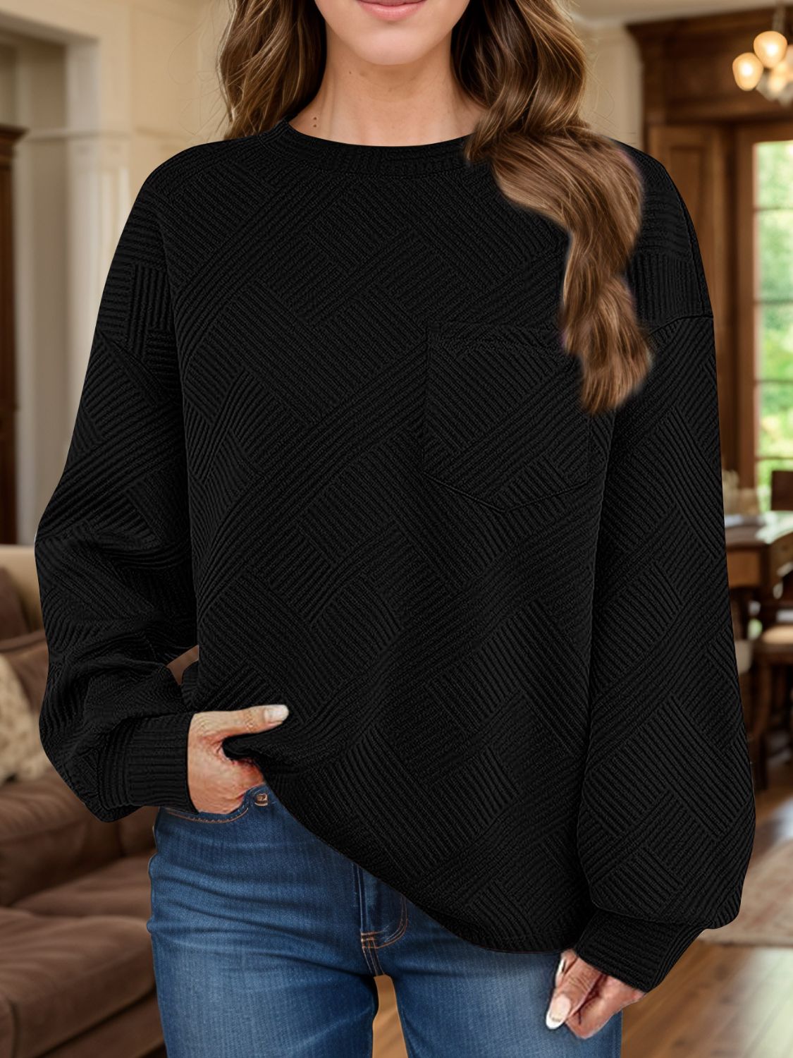 Full Size Texture Round Neck Long Sleeve Sweatshirt - Aurelia Clothing