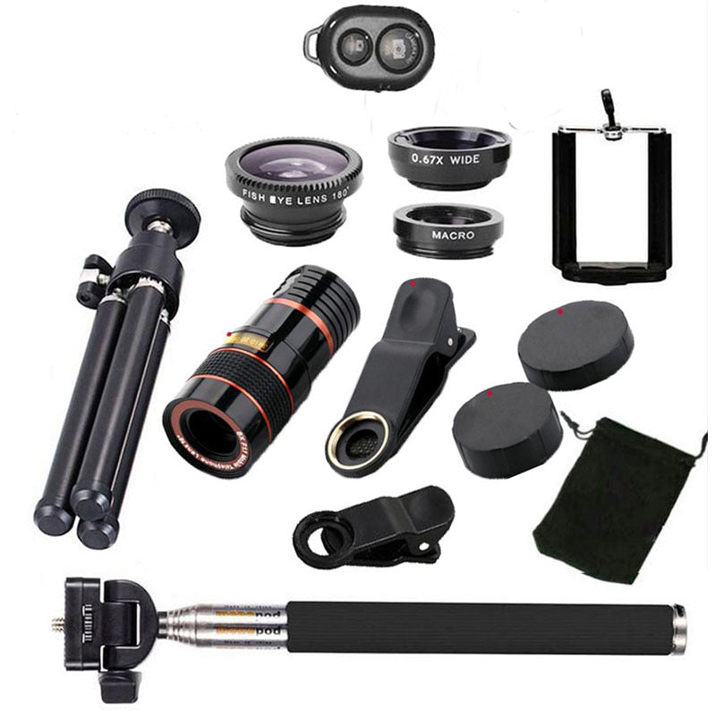 10 in 1 Kits 12x Zoom Telephoto Lens Fish eye Lens Wide Angle Macro Lenses Cell Phone Mobile Tripod - Free Shipping - aurelia-clothing-8955