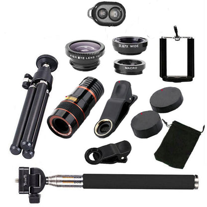 10 in 1 Kits 12x Zoom Telephoto Lens Fish eye Lens Wide Angle Macro Lenses Cell Phone Mobile Tripod - Free Shipping - aurelia-clothing-8955