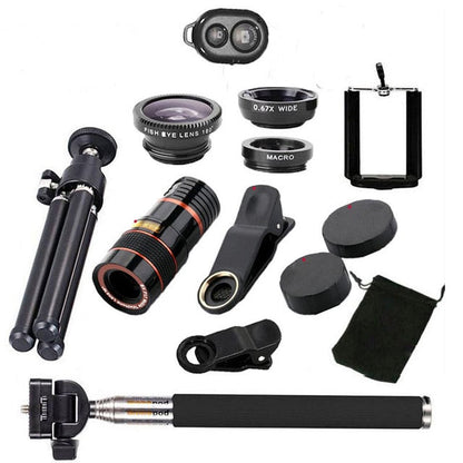 10 in 1 Kits 12x Zoom Telephoto Lens Fish eye Lens Wide Angle Macro Lenses Cell Phone Mobile Tripod - Free Shipping - aurelia-clothing-8955
