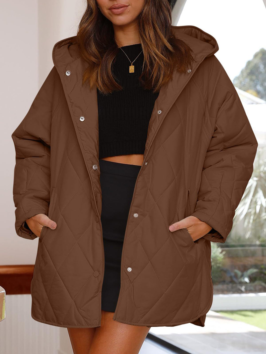 Slit Snap Down Long Sleeve Hooded Jacket - Aurelia Clothing