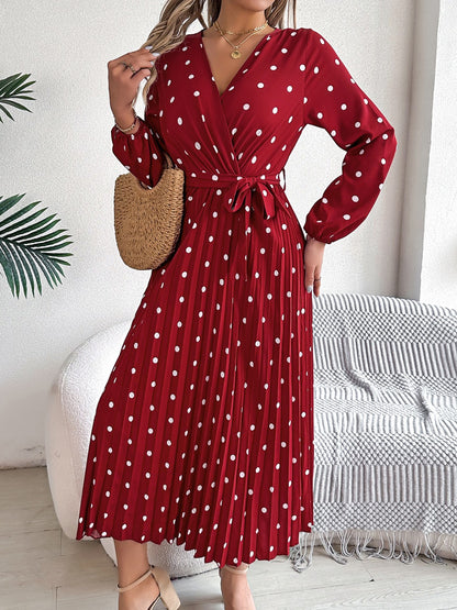 Tied Polka Dot Long Sleeve Midi Dress - Aurelia Clothing