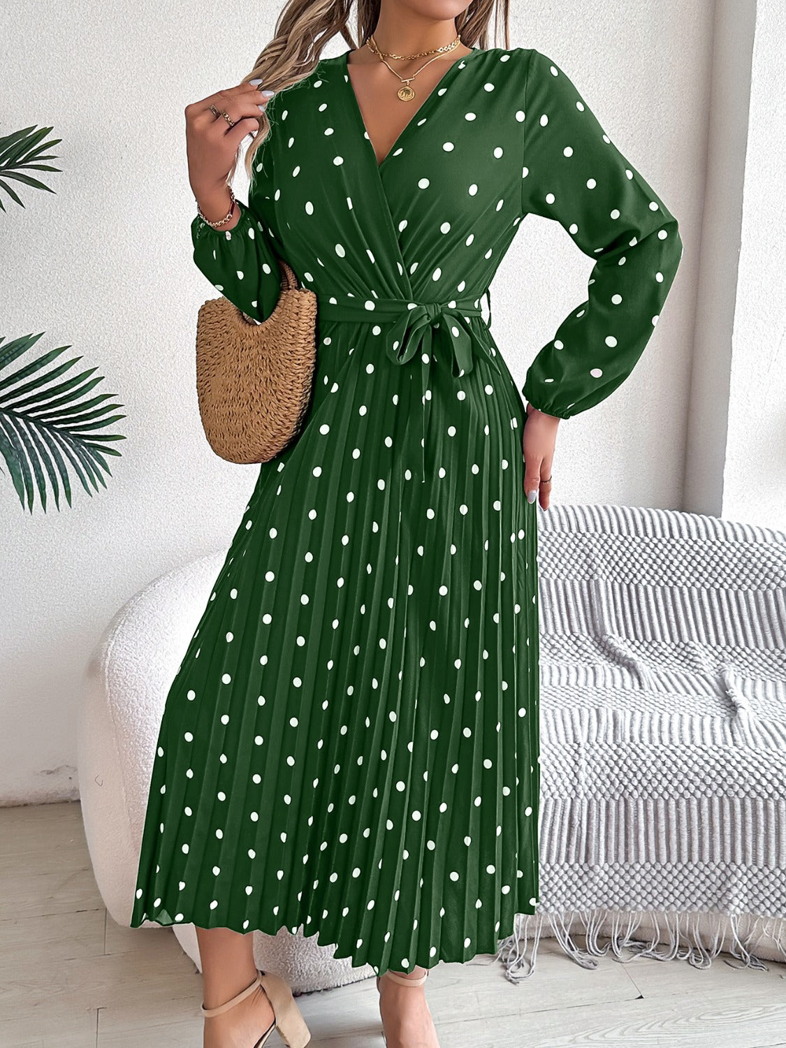 Tied Polka Dot Long Sleeve Midi Dress - Aurelia Clothing