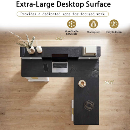 59' Modern Fluted L-Shaped Desk with Charging Station-Free Shipping
