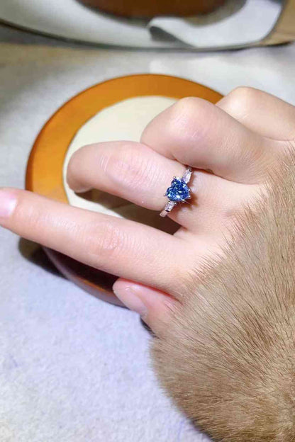 1 Carat Moissanite Heart-Shaped Platinum-Plated Ring in Blue - Aurelia Clothing