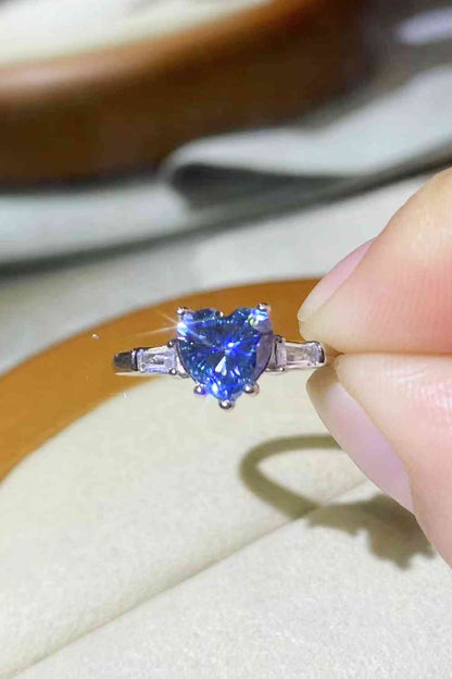 1 Carat Moissanite Heart-Shaped Platinum-Plated Ring in Blue - Aurelia Clothing