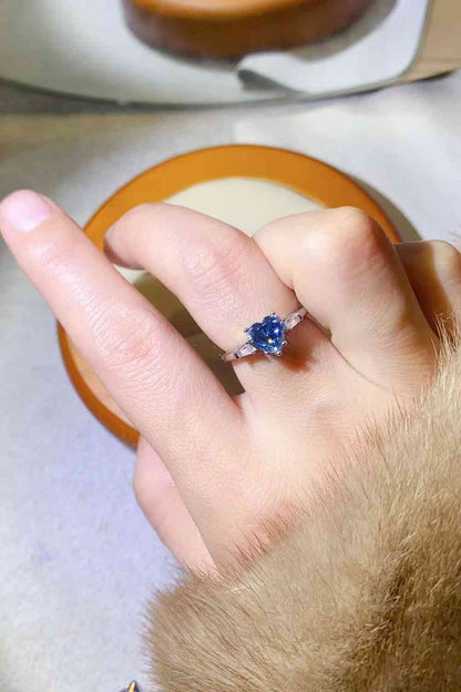 1 Carat Moissanite Heart-Shaped Platinum-Plated Ring in Blue - Aurelia Clothing