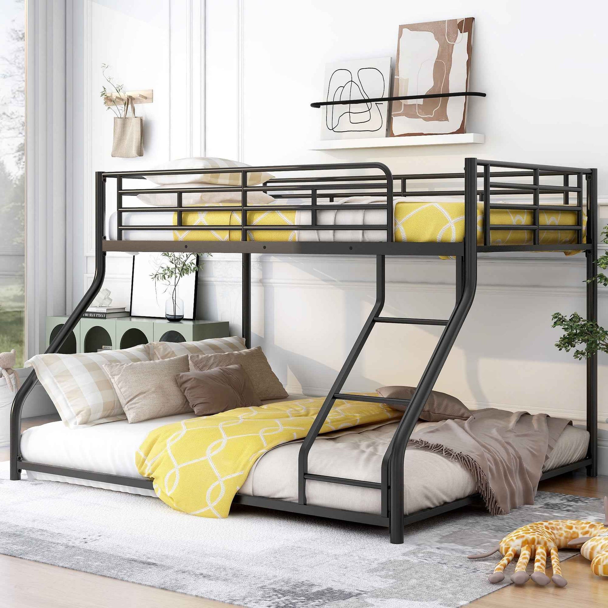 Metal Floor Bunk Bed, Twin XL over Queen, Black-Free Shipping
