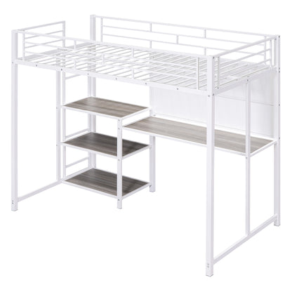 Twin Size Loft Bed with Desk and Whiteboard, Metal Loft Bed with 3 Shelves and Ladder, White - Free Shipping - Aurelia Clothing