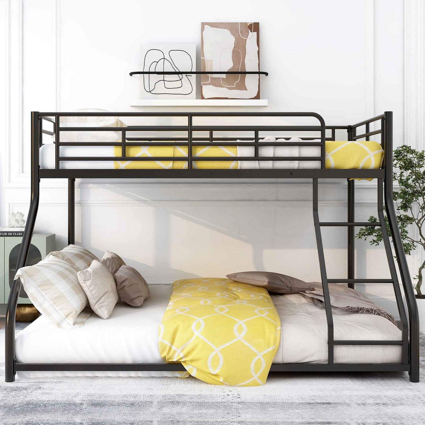 Metal Floor Bunk Bed, Twin XL over Queen, Black-Free Shipping