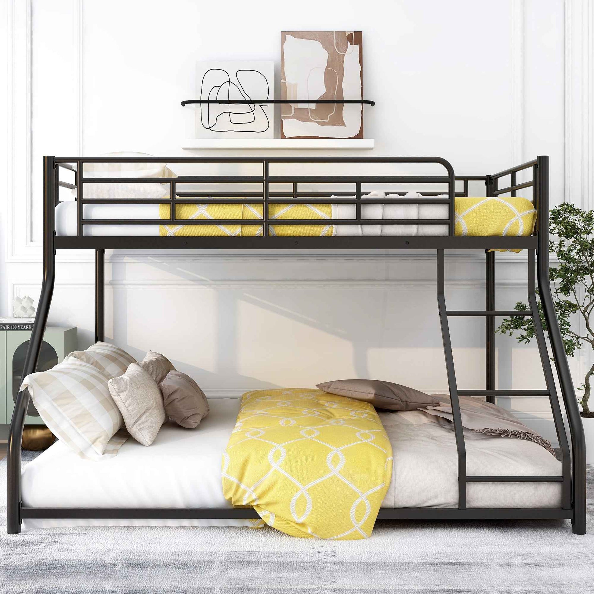 Metal Floor Bunk Bed, Twin XL over Queen, Black-Free Shipping