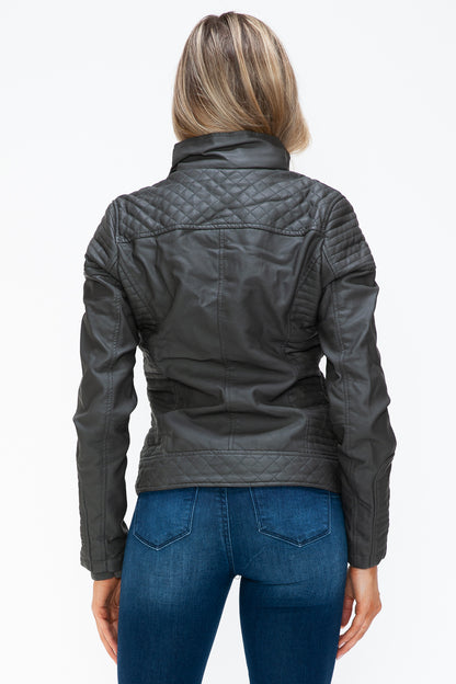 YMI Faux Layered Double-Zipper Jacket with Fuzzy Hood - Aurelia Clothing