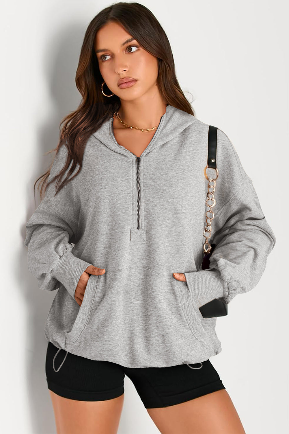 Pocketed Half Zip Long Sleeve Hoodie - Aurelia Clothing