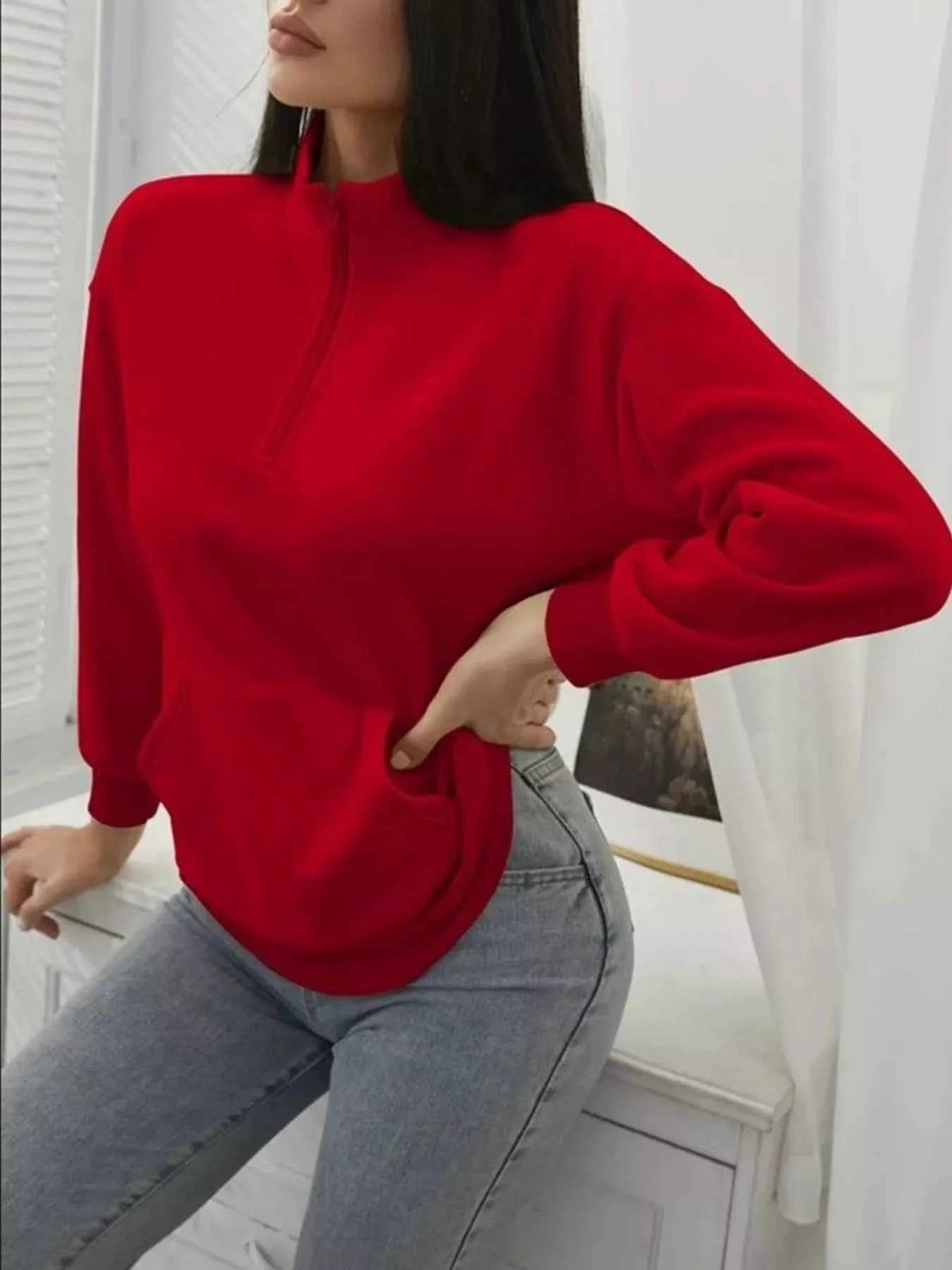 Zip-Up Collar Sweatshirt with Pocket - Free Shipping