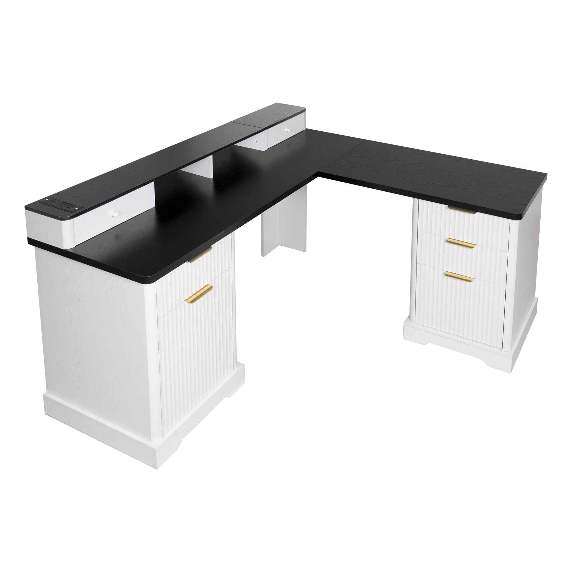 59' Modern Fluted L-Shaped Desk with Charging Station-Free Shipping