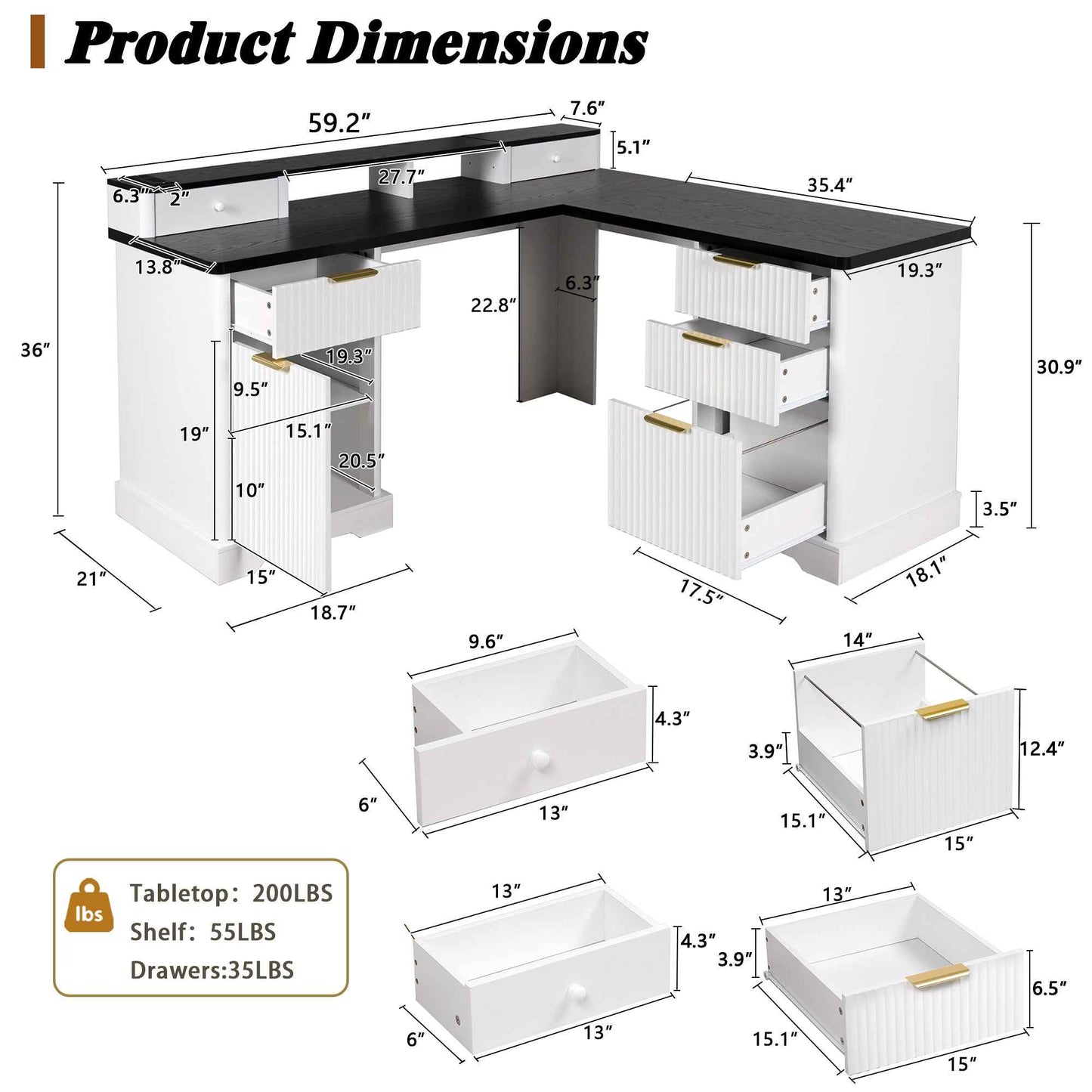 59' Modern Fluted L-Shaped Desk with Charging Station-Free Shipping