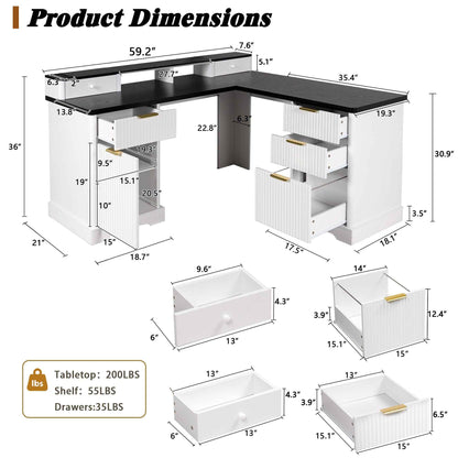 59' Modern Fluted L-Shaped Desk with Charging Station-Free Shipping