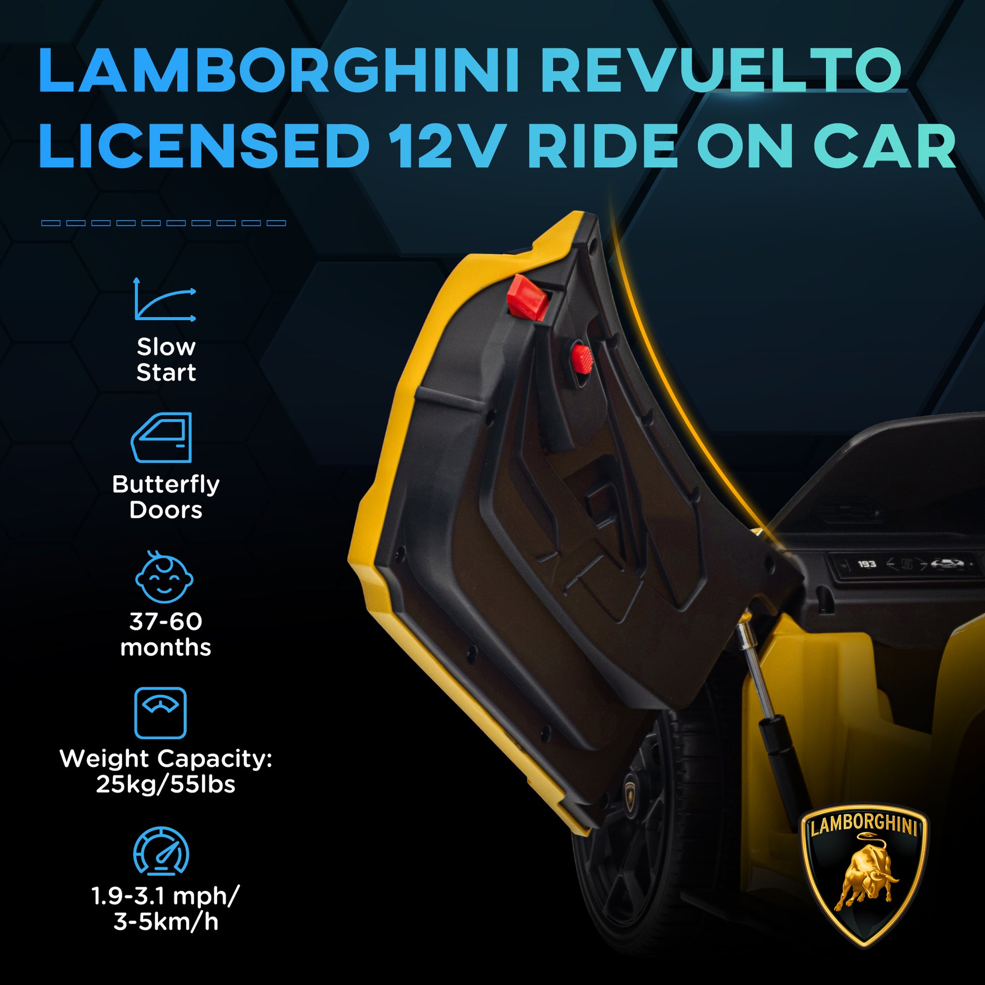 Qaba Lamborghini Revuelto Licensed 12V Kids Electric Car, Battery Powered Ride on Car with Hydraulic Doors, Remote Control, Transport Wheels, Spring Suspension, Music, Lights, 3 Speeds, Yello - Aurelia Clothing