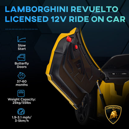 Qaba Lamborghini Revuelto Licensed 12V Kids Electric Car, Battery Powered Ride on Car with Hydraulic Doors, Remote Control, Transport Wheels, Spring Suspension, Music, Lights, 3 Speeds, Yello - Aurelia Clothing