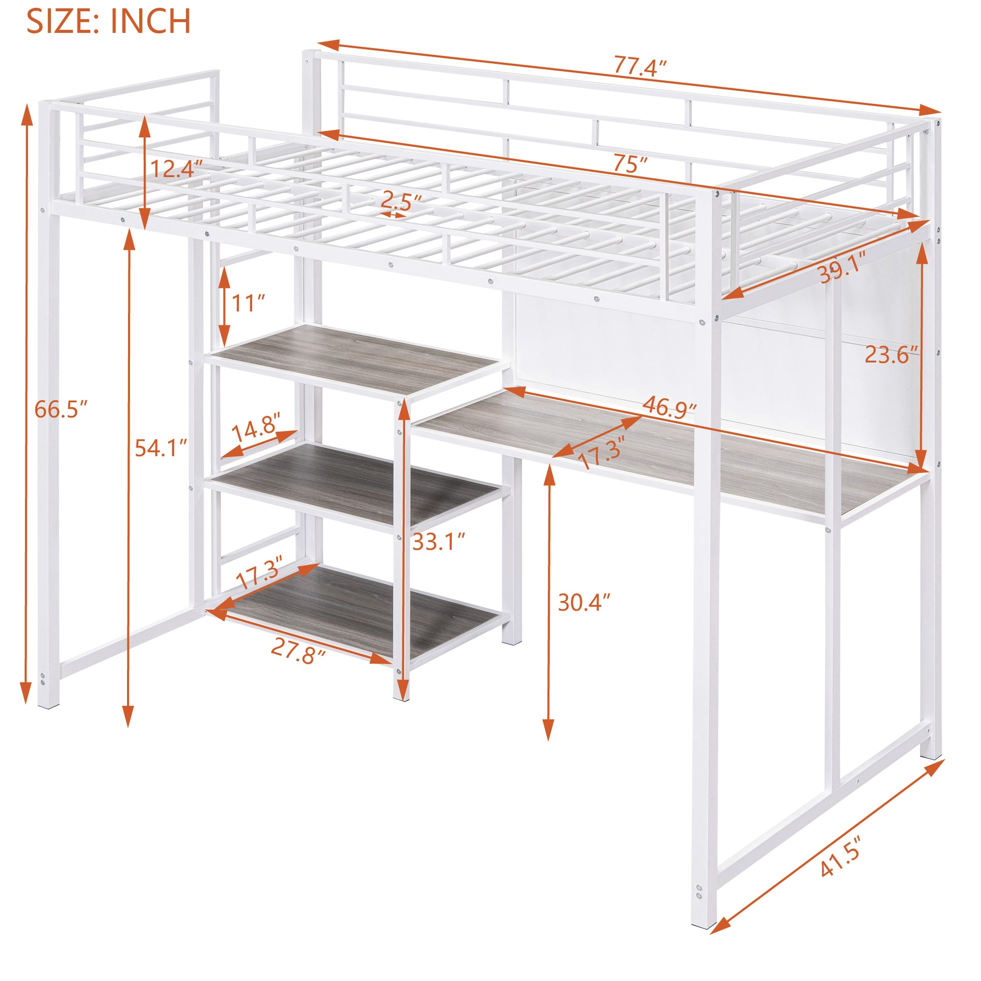 Twin Size Loft Bed with Desk and Whiteboard, Metal Loft Bed with 3 Shelves and Ladder, White - Free Shipping - Aurelia Clothing