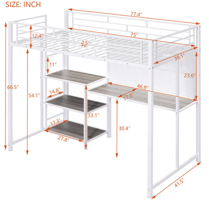 Twin Size Loft Bed with Desk and Whiteboard, Metal Loft Bed with 3 Shelves and Ladder, White - Free Shipping - Aurelia Clothing
