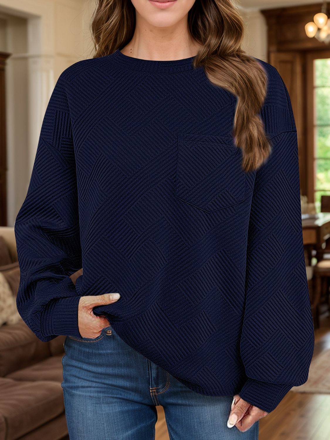 Full Size Texture Round Neck Long Sleeve Sweatshirt - Aurelia Clothing