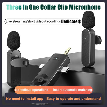 3 In 1 Wireless Lavalier Microphone Plug And Play Intelligent Noise Reduction Mini Mic For iPhone Android Live Broadcast - Aurelia Clothing