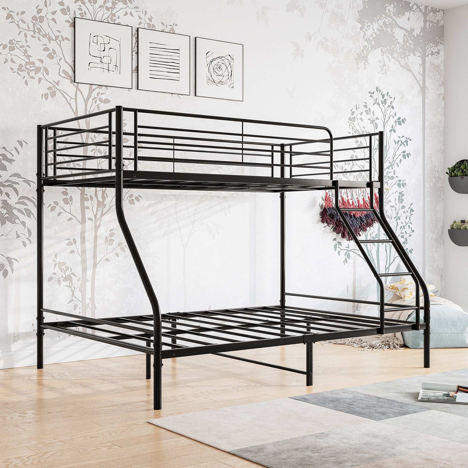 Heavy Duty Twin-Over-Full Metal Bunk Bed, Easy Assembly with Enhanced Upper-Level Guardrail, Black - Free Shipping