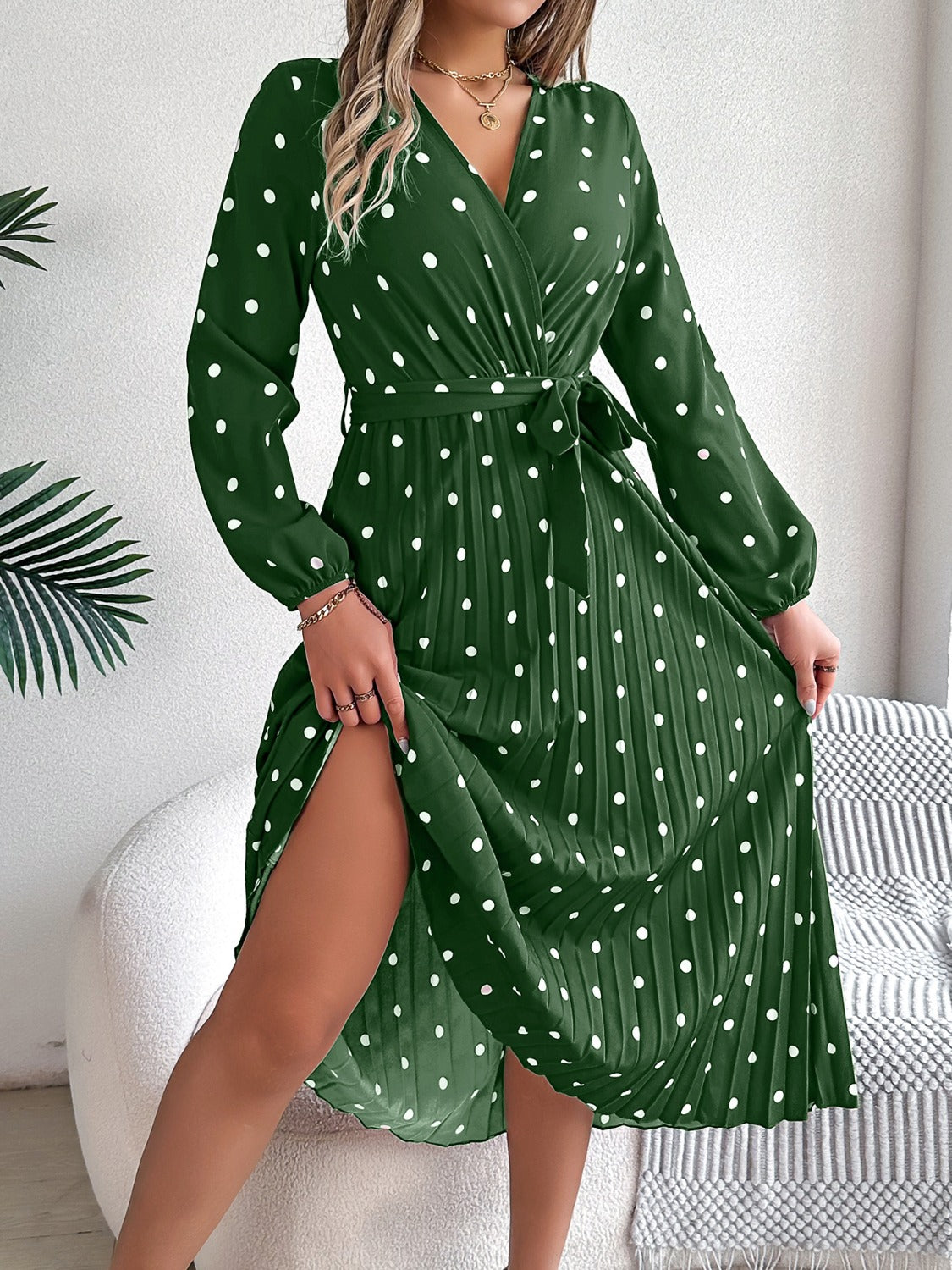 Tied Polka Dot Long Sleeve Midi Dress - Aurelia Clothing