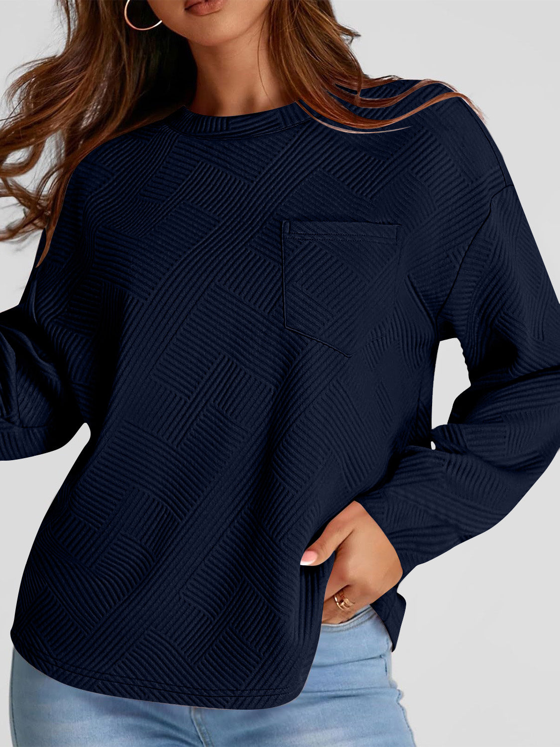 Full Size Texture Round Neck Long Sleeve Sweatshirt - Aurelia Clothing